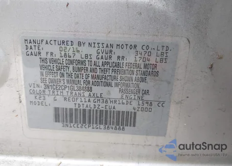 2016 Nissan Versa Note S (Sr)/S Plus/Sl/Sr/Sv z USA, uszkodzony, nr VIN 3N1CE2CP1GL384888